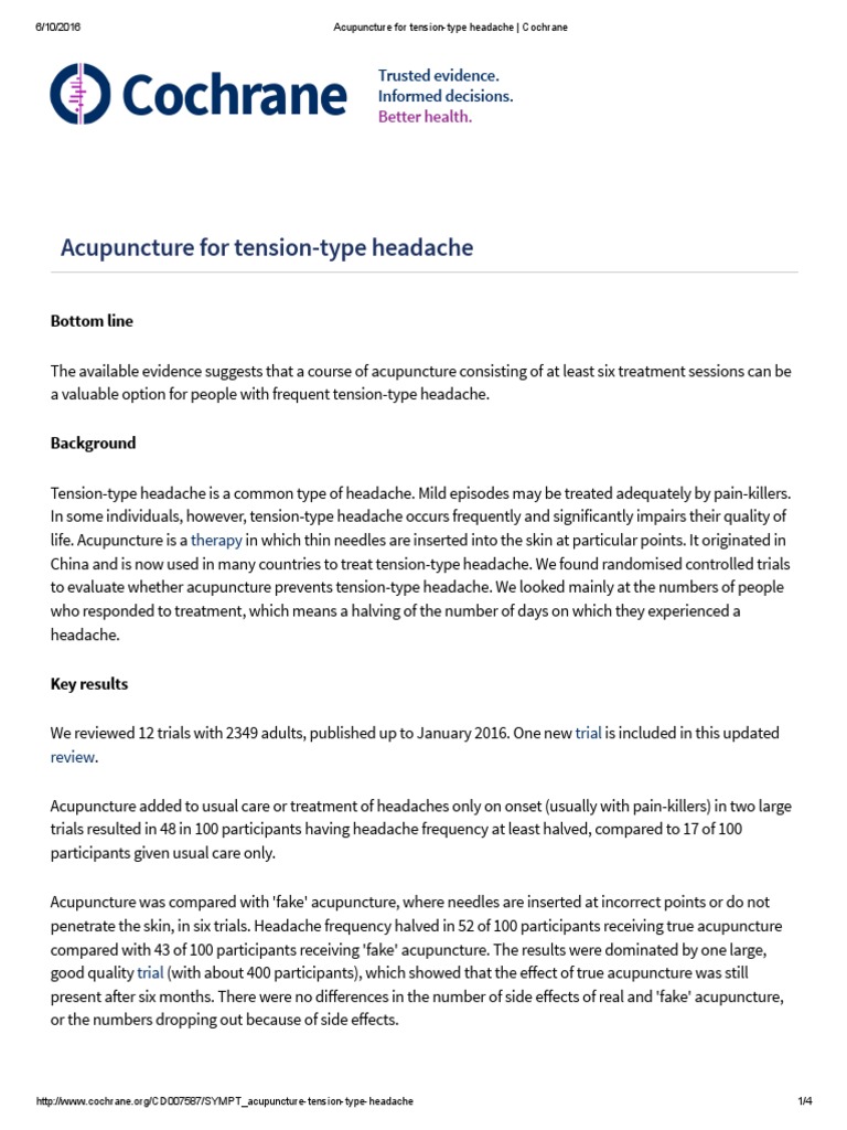 Acupuncture For TensionType Headache Cochrane PDF Acupuncture Headache