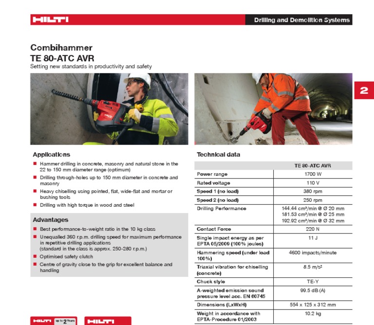 Hilti Te 80 Atc Avr Specification Sheet | PDF | Drilling | Manufactured ...