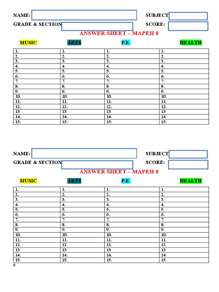 Answer Sheet - Mapeh 8: Name: Subject: Grade & Section: Score: Music ...