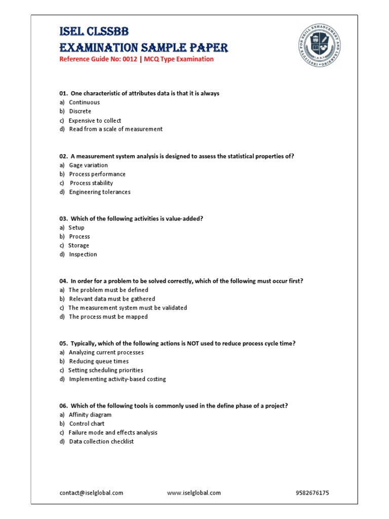 ISEL CLSSBB Exam Sample Paper | PDF | Variance | Standard Deviation