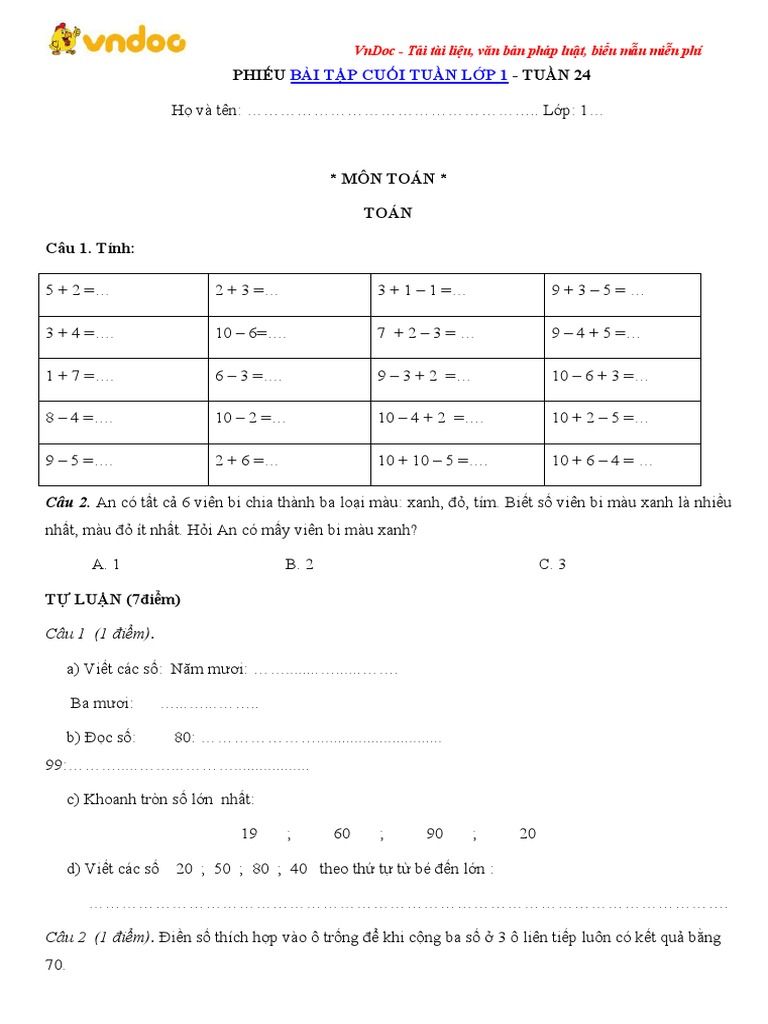 Phieu Bai Tap Cuoi Tuan Lop 1 Tuan 24 | PDF