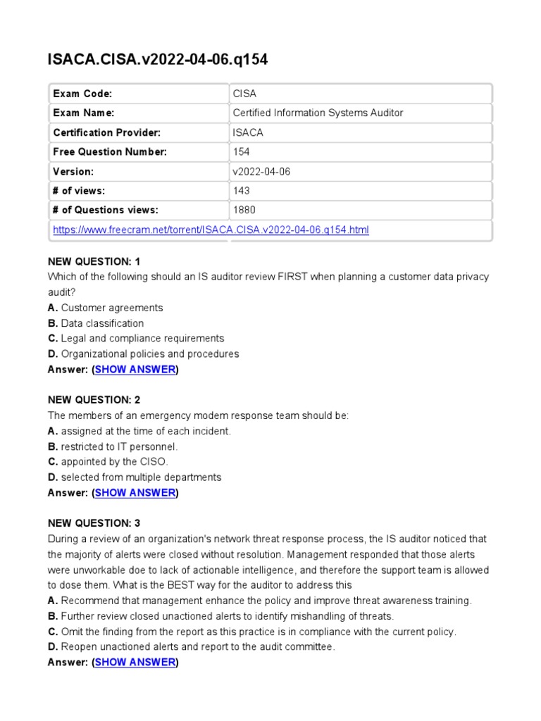 ISACA - CISA.v2022-04-06.q154: Show Answer | PDF | Public