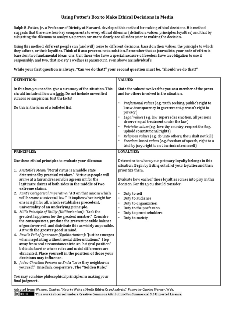 Using Potter's Box To Make Ethical Decisions in Media PDF Virtue
