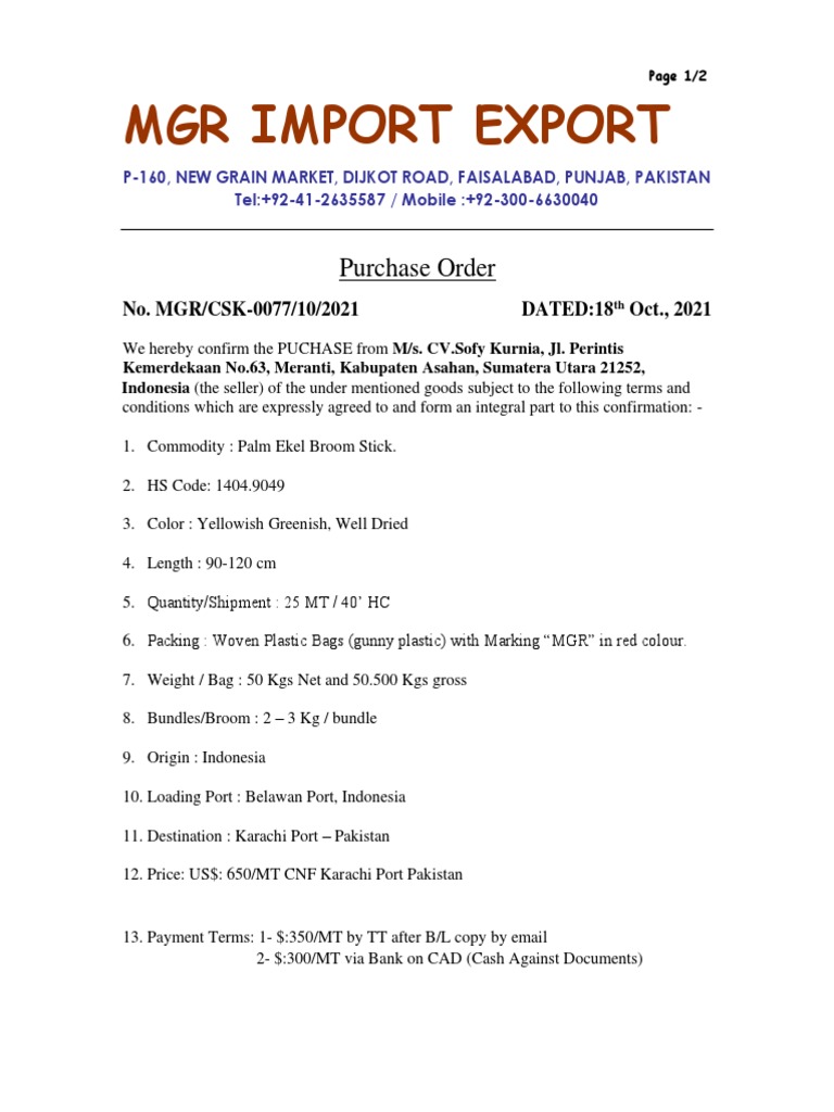 MGR Import Export: Purchase Order | PDF
