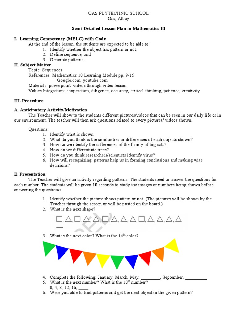 Semi-Detailed Lesson Plan in Mathematics 10 I. Learning Competency ...