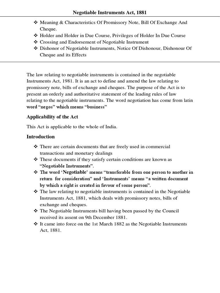 Negotiable Instruments Act PDF Negotiable Instrument Cheque