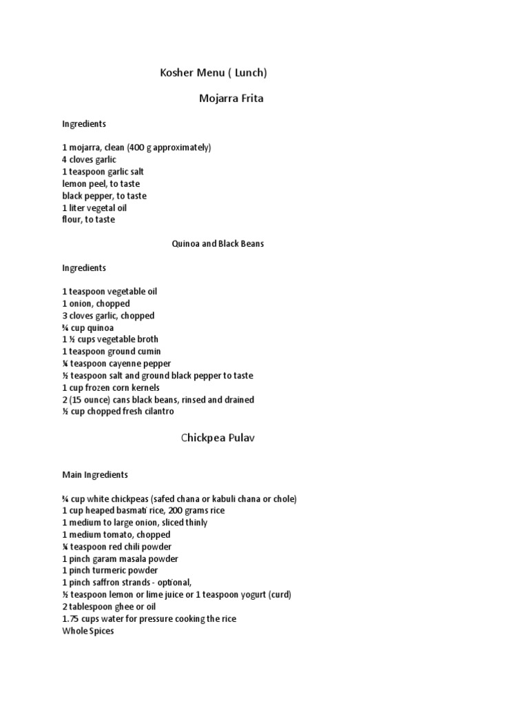 Kosher Menu (Lunch) Mojarra Frita PDF Teaspoon Cakes