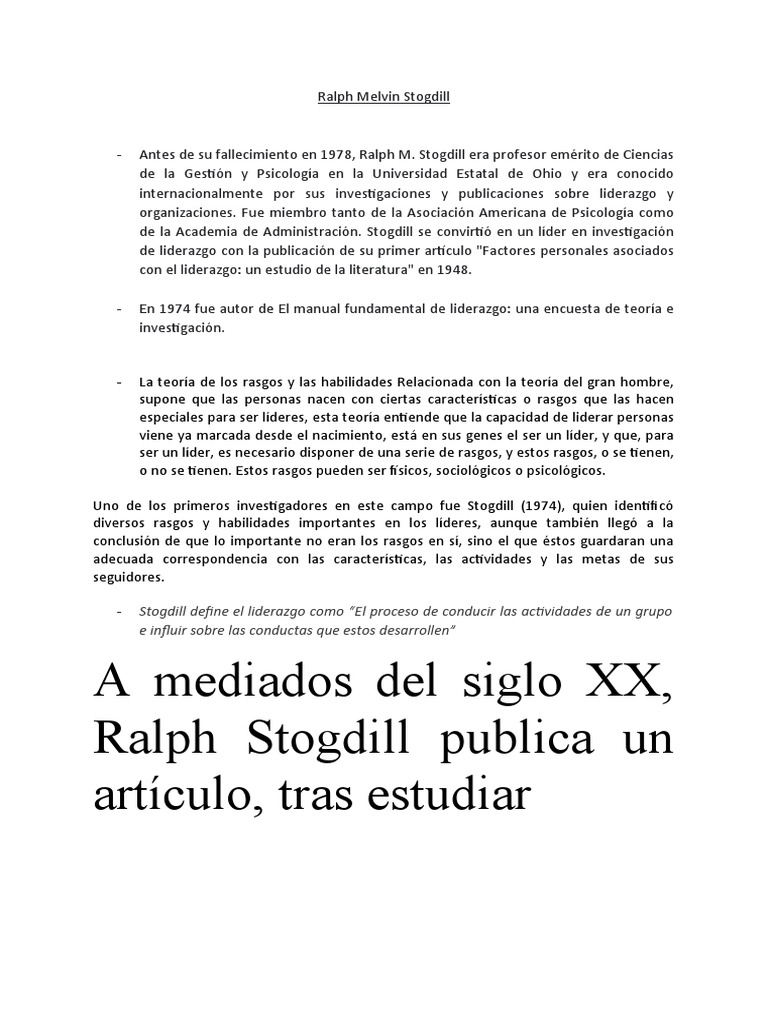 Ralph Stogdill y Teorías de Liderazgo | PDF | Liderazgo | Toma de ...