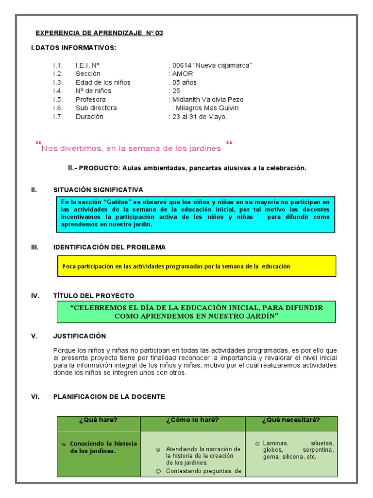 PROYECTO DE APRENDIZAJE Inicial | PDF | Diseño | Educación de la ...