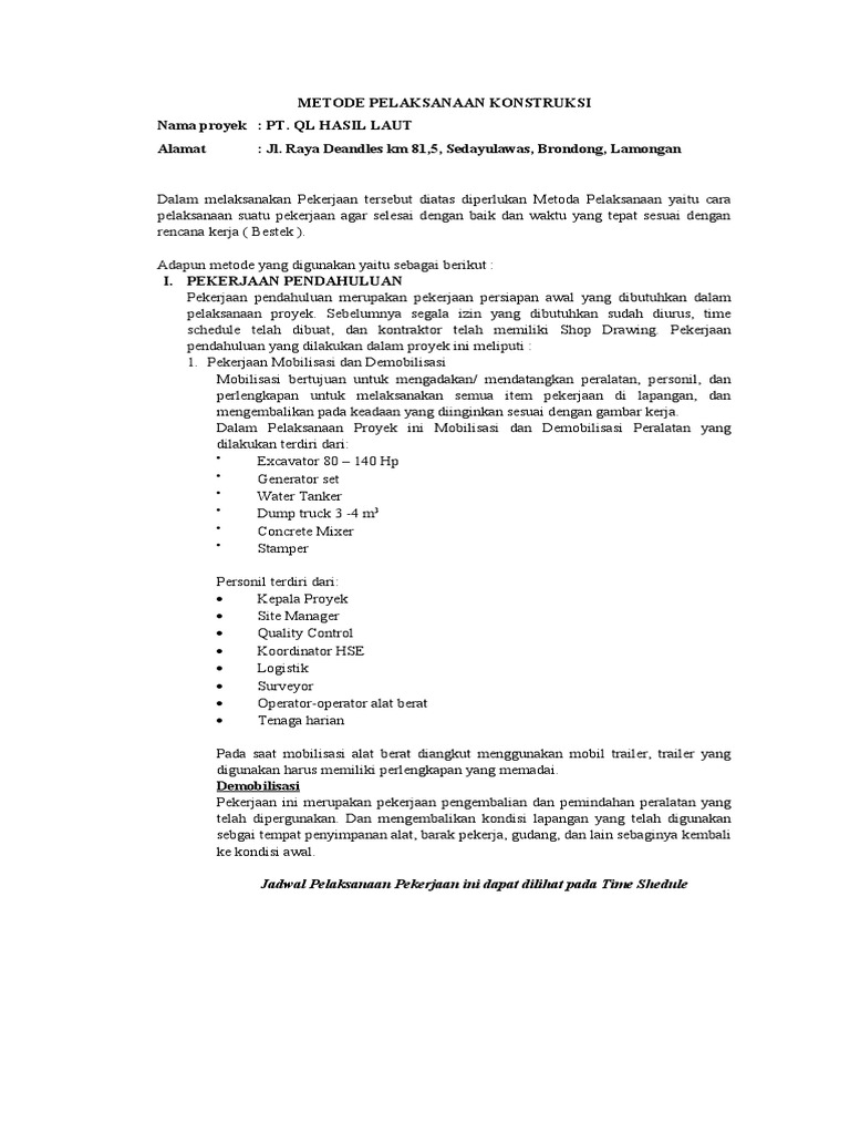 Metode Konstruksi Proyek PT. QL | PDF | Teknologi & Rekayasa