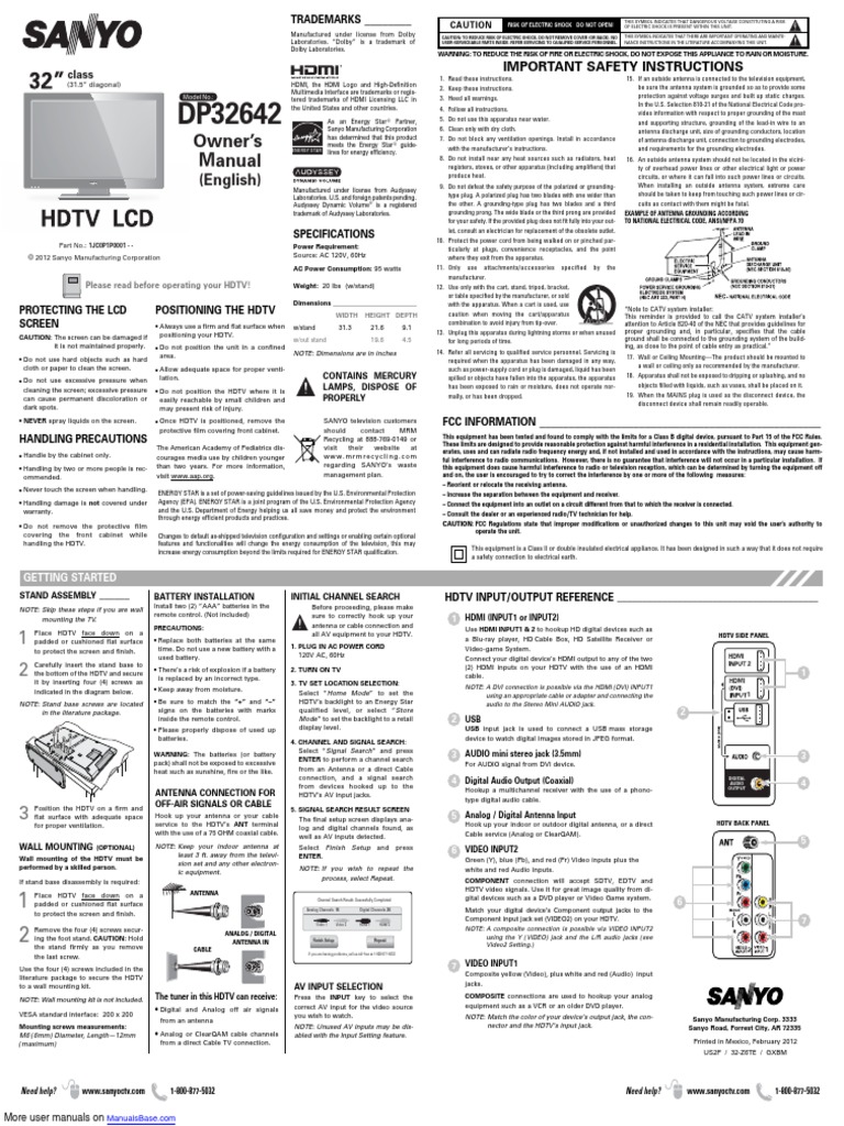 Sanyo Flat Panel Television DP32642 PDF Hdmi Video