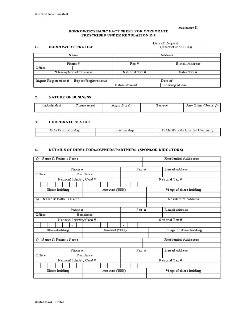 Borrower'S Basic Fact Sheet For Corporate Prescribed Under Regulation R