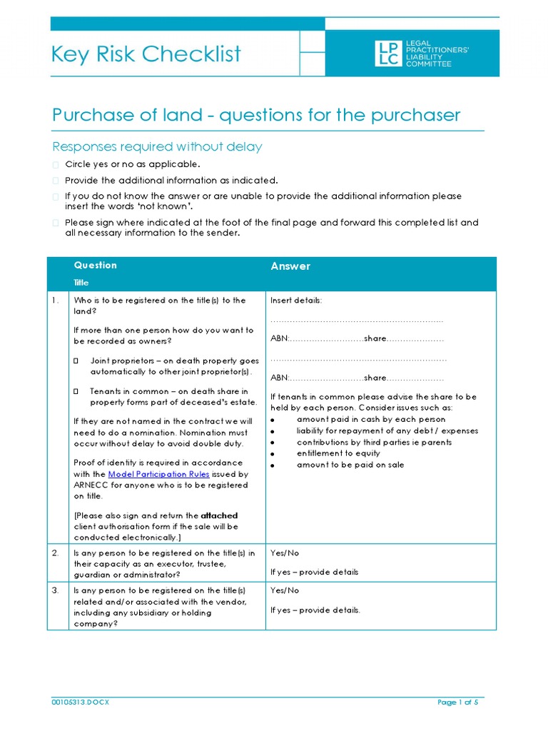 Purchaser - Key Checklist | PDF | Insurance | Concurrent Estate
