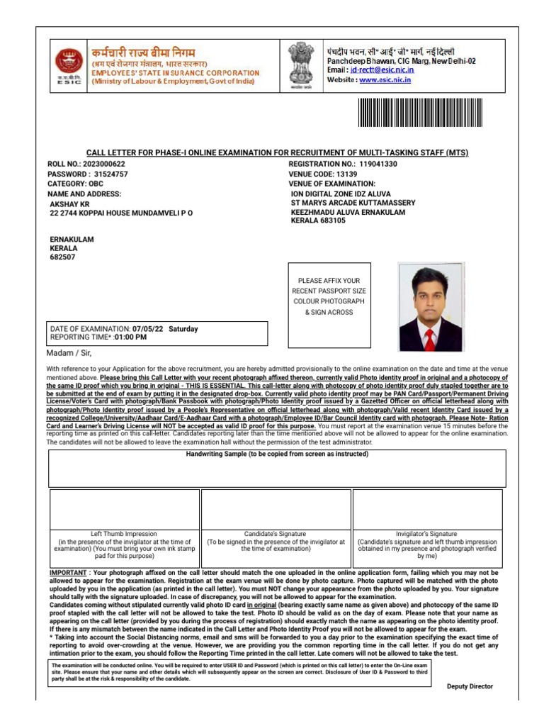 MTS Exam Call Letter for Kuttamassery | PDF | Identity Document | Test ...