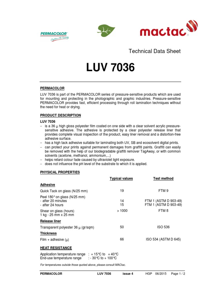 Technical Data Sheet Permacolor PDF Adhesive Ultraviolet