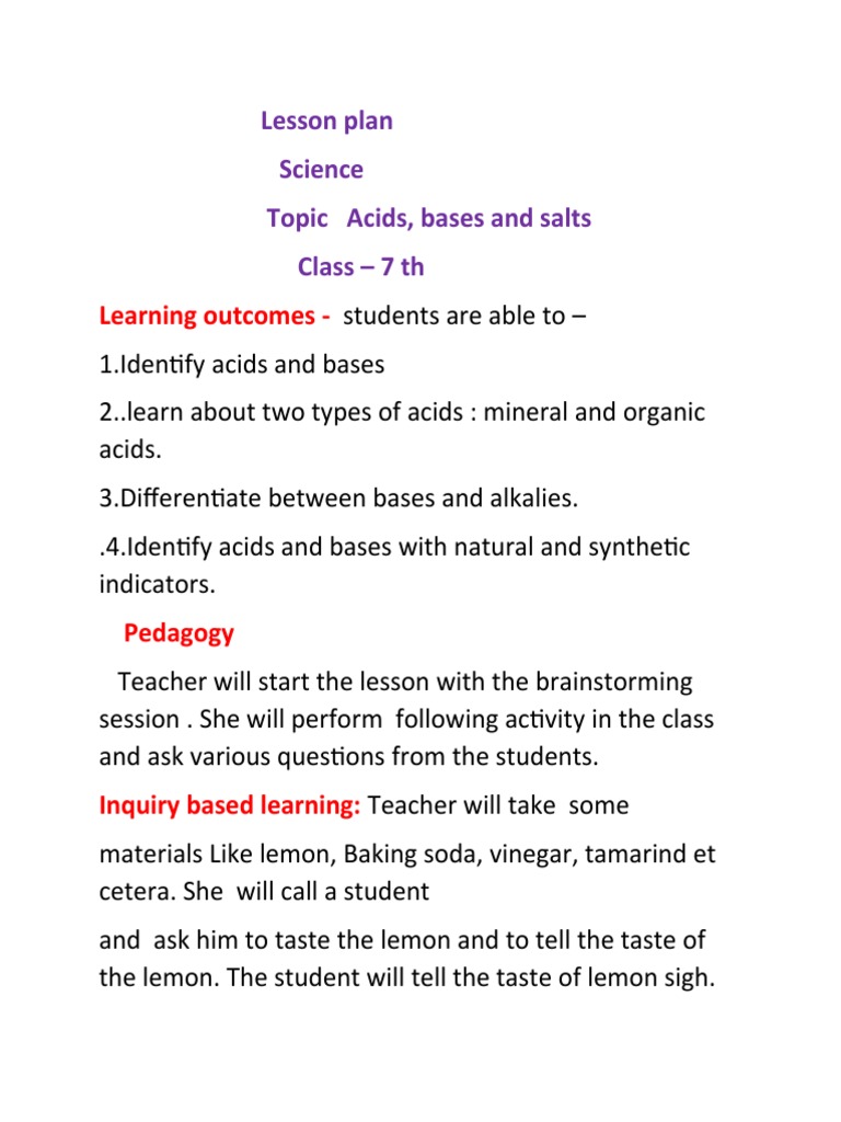 Lesson Plan, Topic Acids, Bases and Salts, Class 7-1 | PDF | Acid | Taste