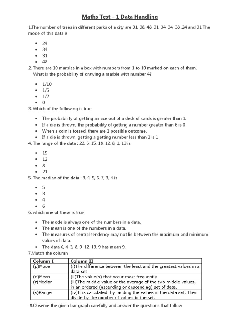Data Handling Class 7 Test - 1 | PDF