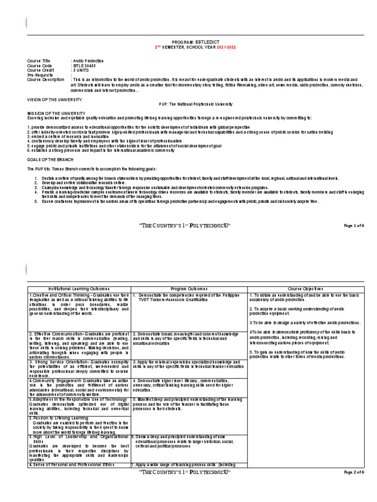 Audio Production COURSE SYLLABUS PDF Learning Critical Thinking