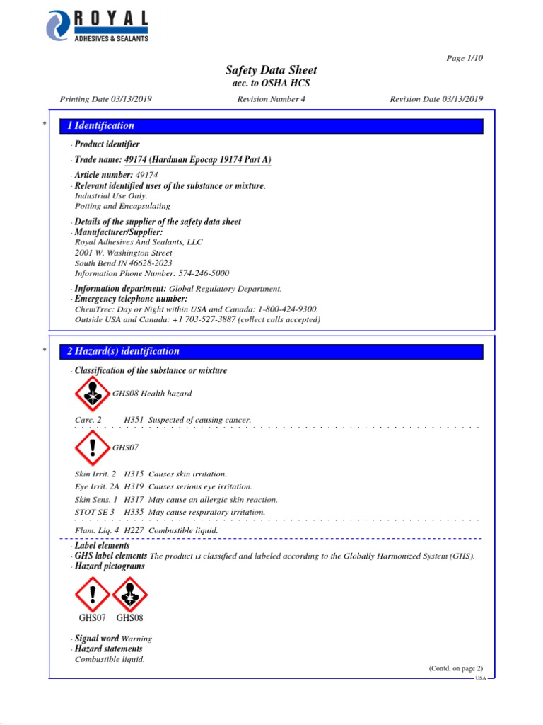 Safety Data Sheet for Hardman Epocap 19174 Part A Epoxy Resin Mixture