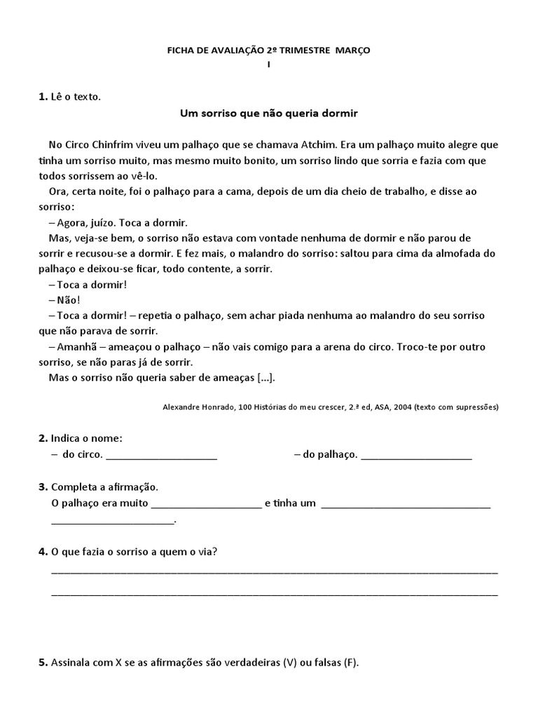 Ficha de Avaliacao Portugues 2 Ano - Trimestre Marco | PDF