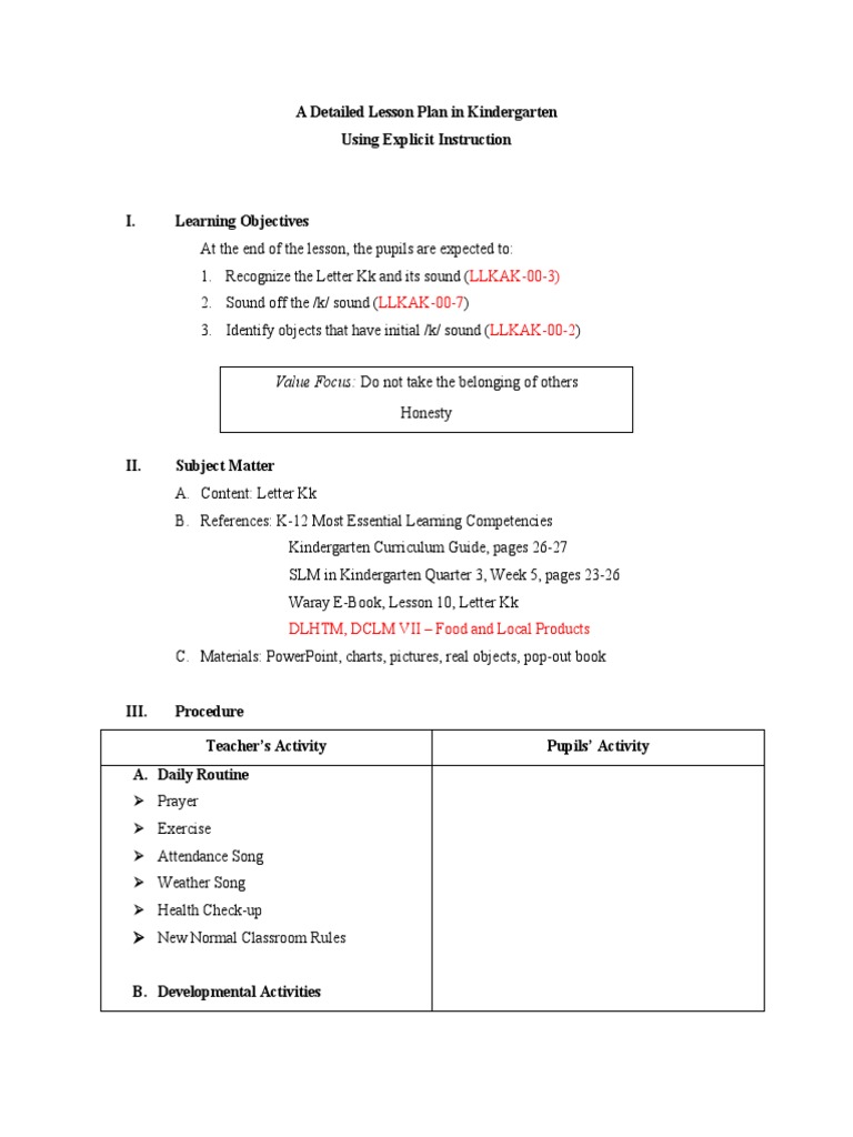 Kindergarten Lesson Plan: Letter Kk | PDF | Lesson Plan | Communication