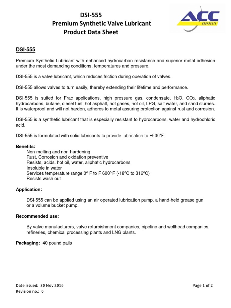 DSI555 Premium Synthetic Valve Lubricant Product Data Sheet PDF