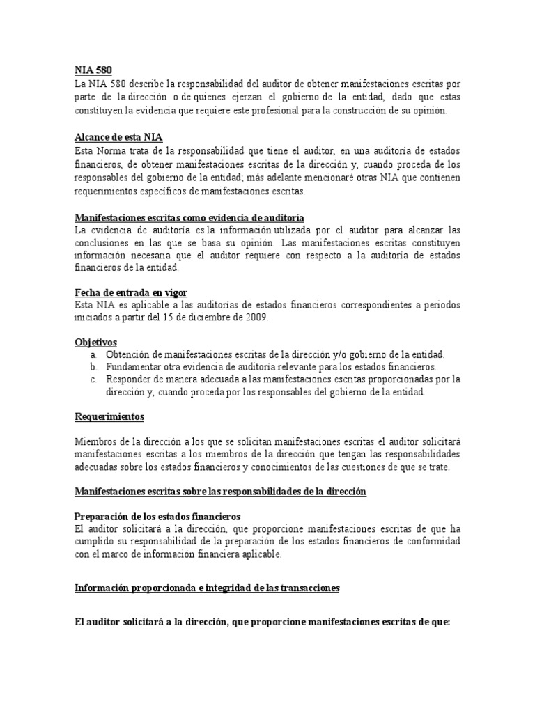 Nia 580 | PDF | Auditoría | Contralor