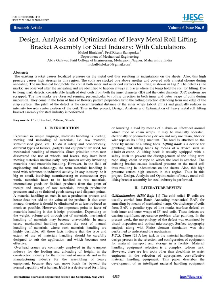 .Design, Analysis and Optimization of Heavy Metal Roll Lifting Bracket ...
