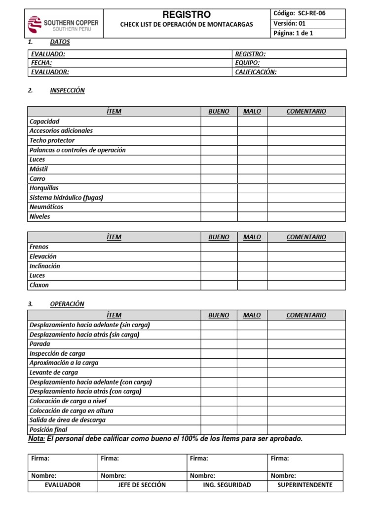 SCJ-RE-06 Check List Operacion Montacargas | PDF