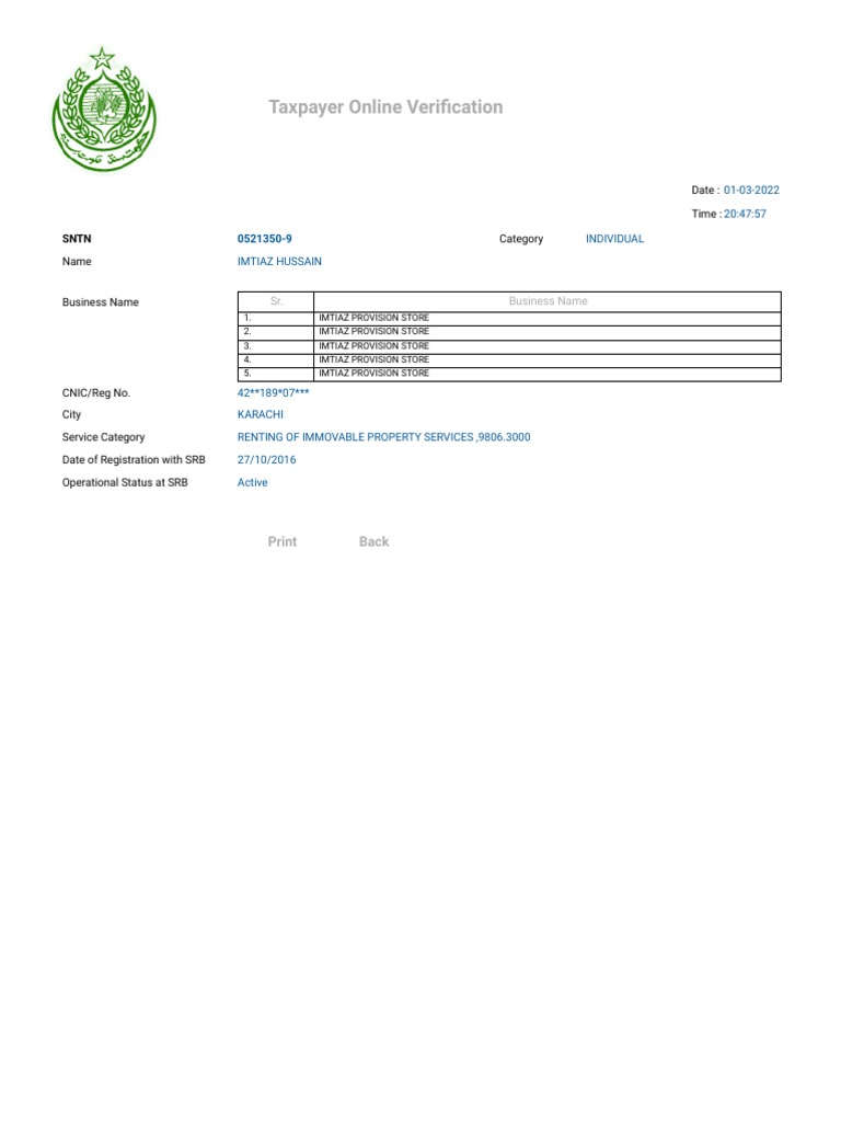 NTN Verification for Imtiaz Hussain | PDF