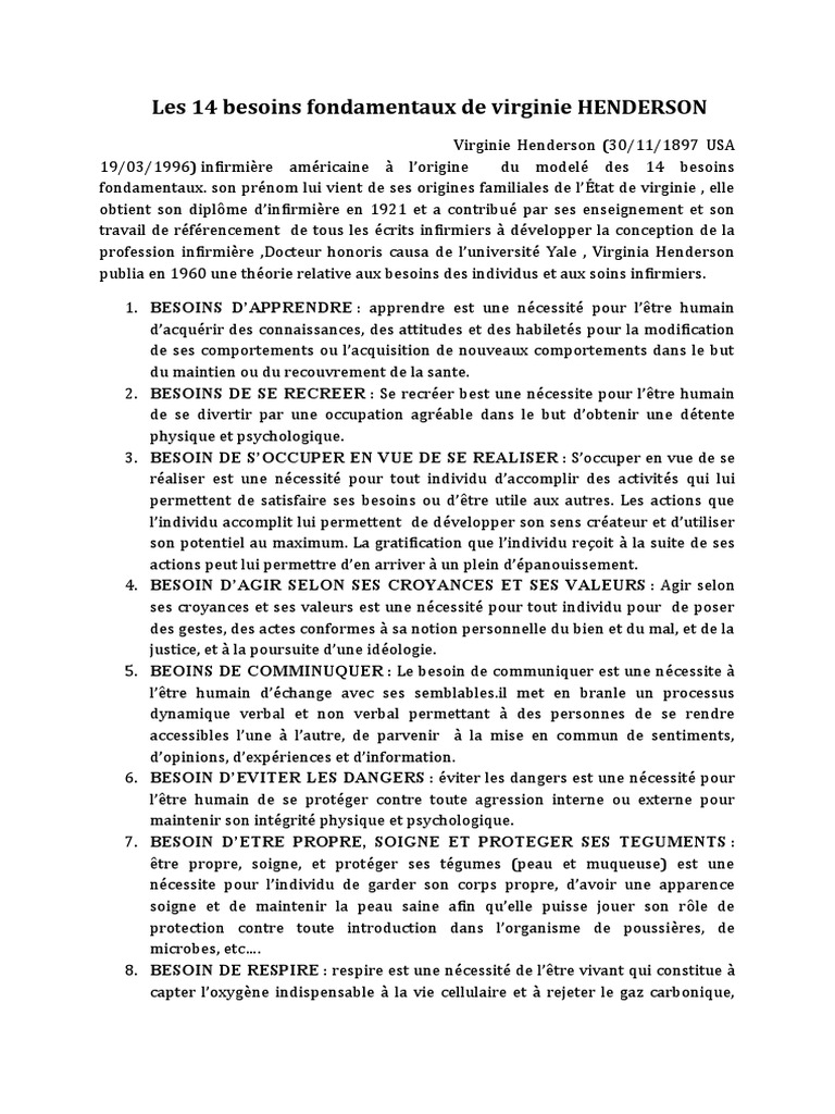 14 besoins fondamentaux de Virginia Henderson | PDF | Allaitement | Sommeil