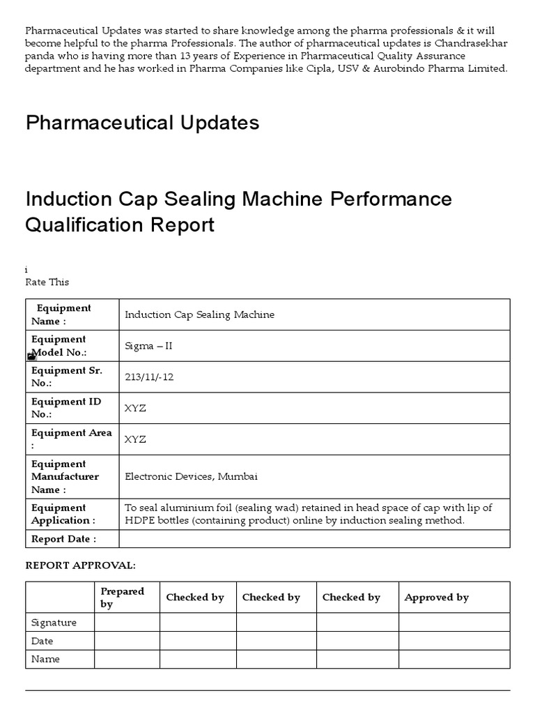 Induction Cap Sealing Machine Performance Qualification Report