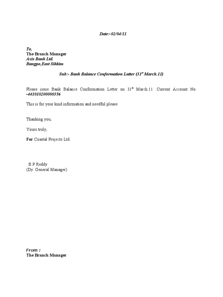 Axis Bank Balance Confirmation Request | PDF | Debits And Credits ...