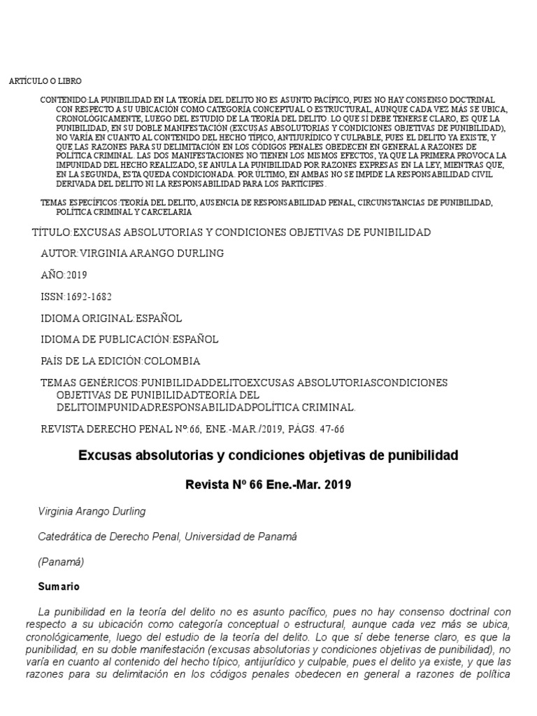 Excusas Absolutorias y Condiciones Objetivas de Pu RTF 512 PDF Derecho penal Castigos