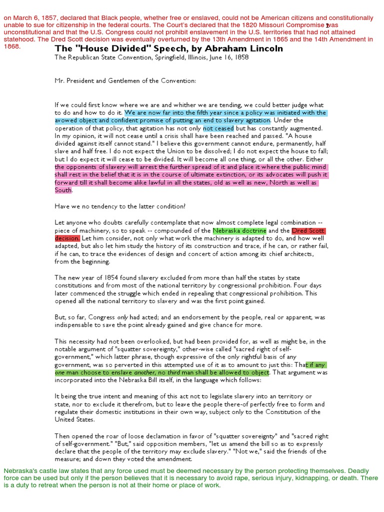 TP1 Lincoln House Divided Speech PDF Dred Scott V. Sandford