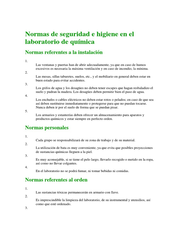 Normas de Seguridad E Higiene en El Laboratorio de Química | PDF ...