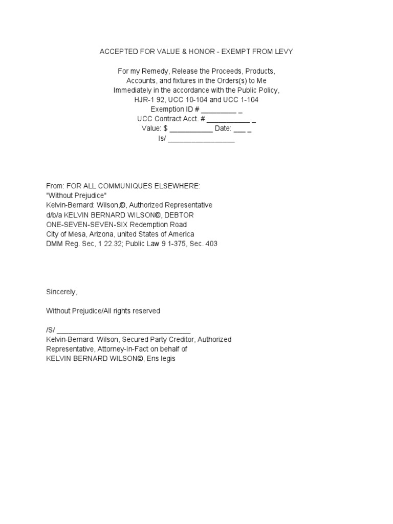 Accepted For Value & Honor Exempt From Levy PDF Contract Law