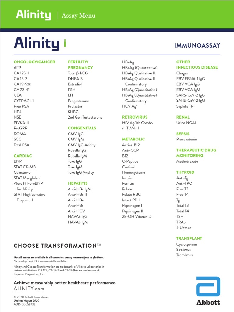 Latest Alinity Chemistry and Immunoassay Test Menu PDF Medical Specialties Biochemistry