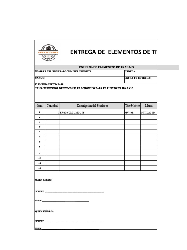 Formato de entrega de elementos de trabajo pdf