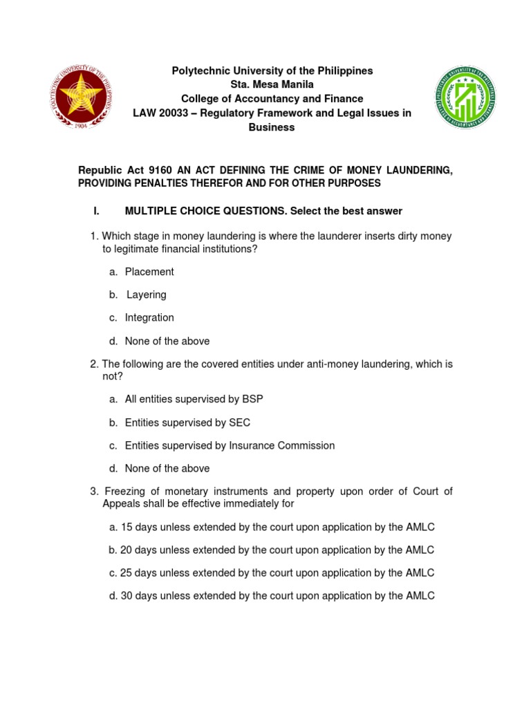 BSA 3-9 - Gr3 - RA 9160 - Questionnaires | PDF | Money Laundering ...