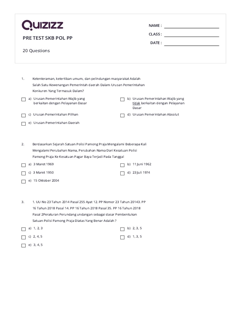 PRE TEST SKB POL PP Print Quizizz PDF