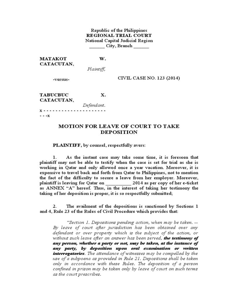 Motion for Deposition Leave in Court | PDF | Deposition (Law) | Witness