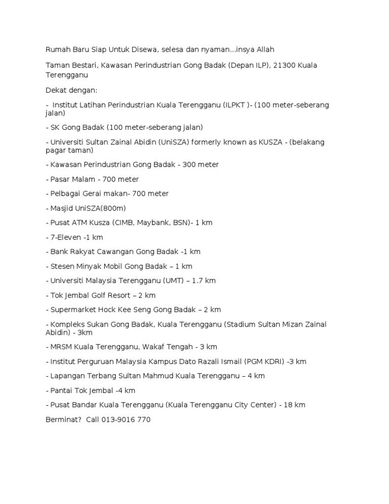 Rumah Sewa Baru Siap