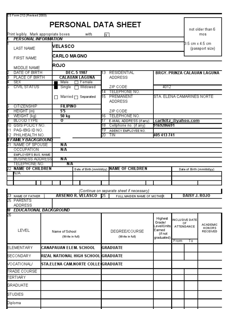 Personal Data Sheet: Velasco Carlo Magno Rojo | PDF | Civil Service ...