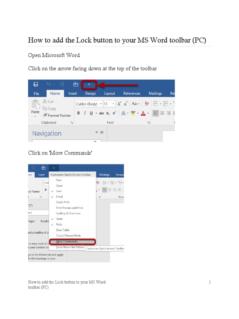 How To Add The Lock Button To Your MS Word Toolbar (PC) | PDF