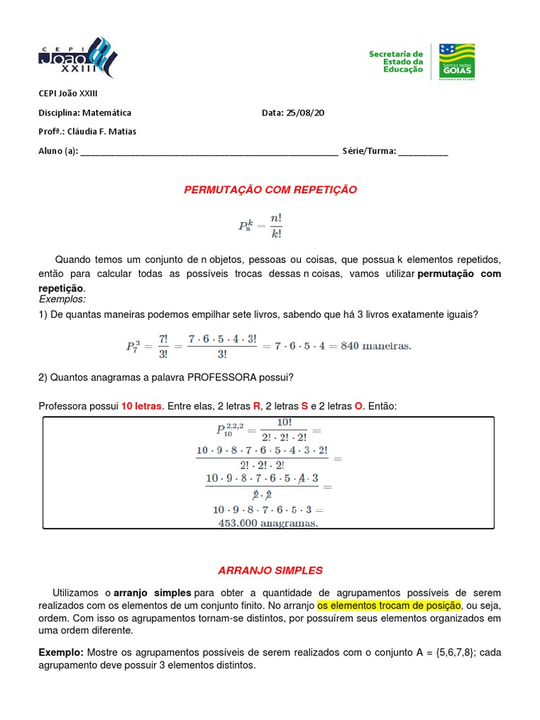 Arranjos e Permutações com Repetição | PDF | Permutação | Conjunto ...