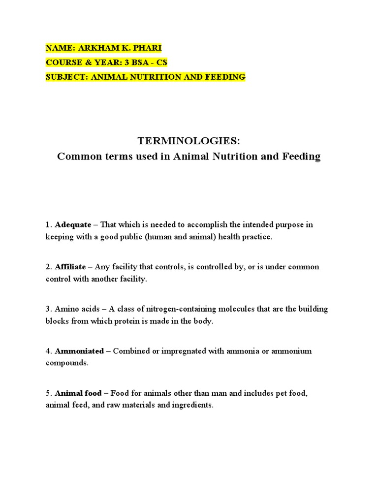Terminologies Common Terms Used in Animal Nutrition and Feeding PDF Foods Carbohydrates