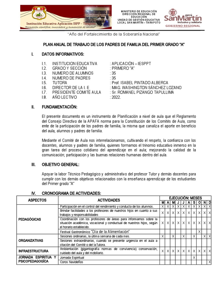 Plan Anual Comité Aula 1° "A" 2022 | PDF | Salón de clases | Maestros