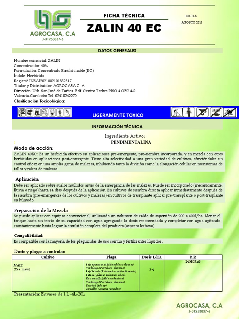 FICHA TECNICA ZALIN 4O EC Pendimetalin | PDF | Agricultura | Plantas