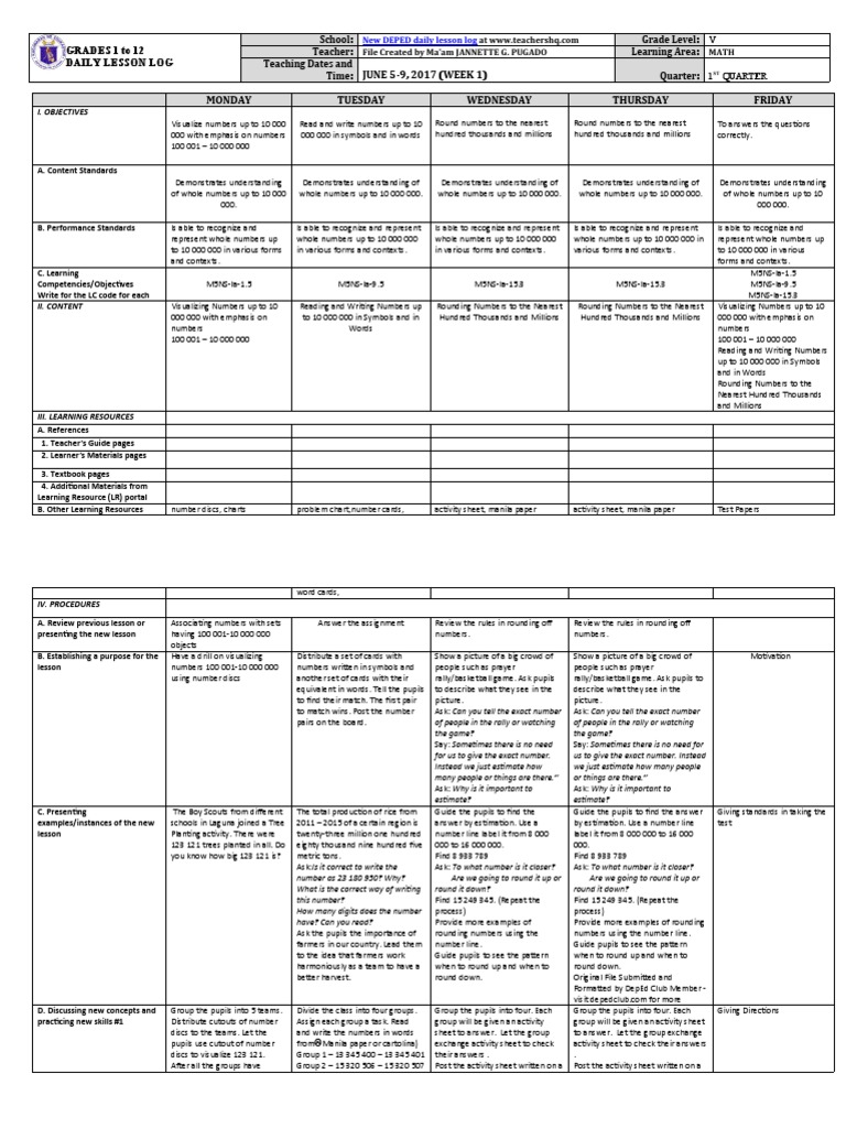 First Quarter MATH (Week 1) | PDF | Teachers | Cognition